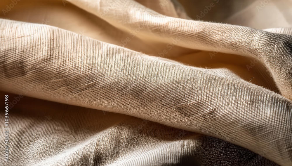 Poster close-up of soft beige linen fabric with intricate weave and natural folds – ideal for minimalist in