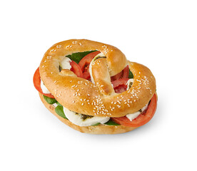 Sandwich isolated on the white table, cheese, lettuce, various vegetables.