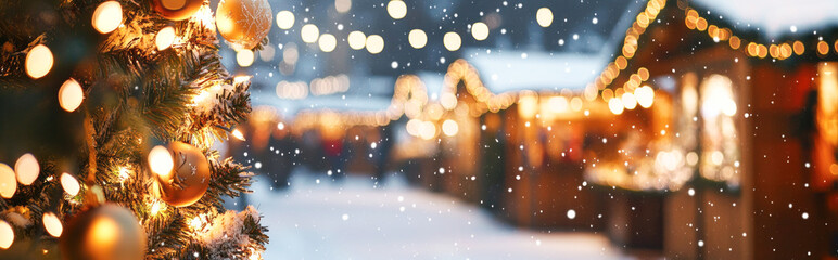 Festive christmas market with glowing lights and snowy atmosphere