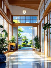 Obraz premium A view through a hallway with sliding doors open to a courtyard with a pool and blue sky.