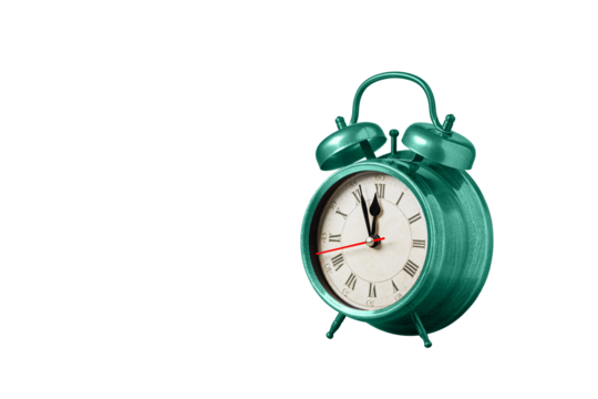 retro clock, watch, pointer clock, Blue color alarm clock on isolated white background close up