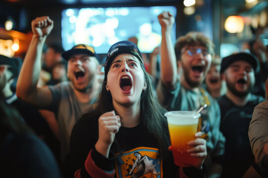 Enthusiastic sports fans cheering in a bar during a live game broadcast