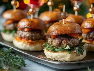 Mini sliders with festive New Year's  toothpicks, arranged on a sleek platter, guests mingling in the background