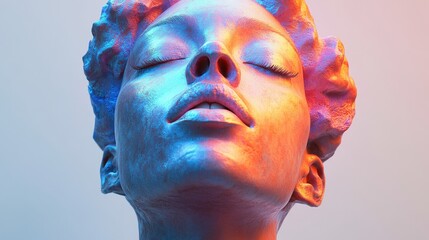 A woman's face is shown in a blue and purple color