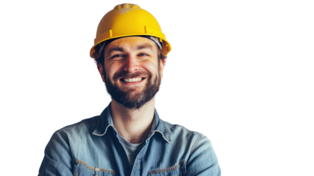 Worker happy, confident, looking at the camera, isolated from the white background. - Powered by Adobe