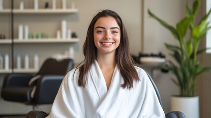 A young woman sits comfortably in a modern salon, her hair wrapped in a towel as she smiles, the peaceful atmosphere around her highlighting the nurturing care of the treatment.