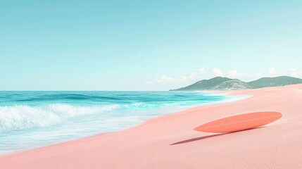 Minimalist vacation beach scene, pink sand with a surfboard, ocean waves lapping, island in the distance, realistic 3D for product display, summer mood