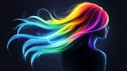 Obraz premium A woman with a multicolored rainbow-shaped hair against a black backdrop