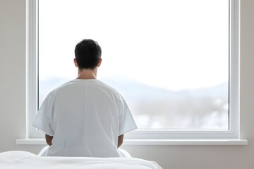 Man in Hospital Gown Gazing Out Window Lost in Pensive Contemplation