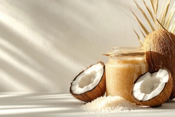 A luxurious body scrub jar beside fresh coconut and sugar, arranged beautifully on a white background. Soft shadows create a clean look, with plenty of space for promotional text