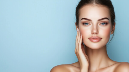 Obraz premium A stunning woman with radiant skin poses against a minimalist backdrop, her complexion glowing, showcasing the results of a daily skincare routine.