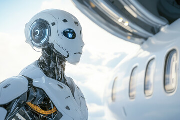 Futuristic humanoid robot boarding airplane with advanced technology and ai in modern aviation concept