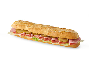 Sandwich isolated on the white table, cheese, lettuce, various vegetables.
