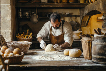 Artisan baker kneading dough in rustic bakery kitchen filled with fresh ingredients