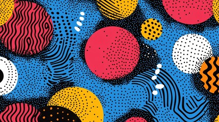 Abstract design featuring colorful circles and patterns on a blue background.