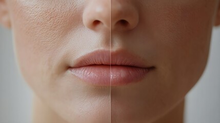 Obraz premium Tutorial video showing the application of anti-wrinkle cream around the mouth, starting with fine lines and wrinkles before, and ending with smoother skin after regular use