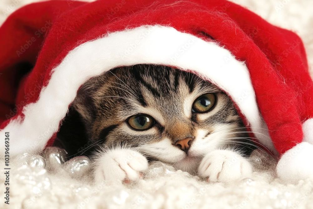 Wall mural adorable kitten cozy in red santa hat on soft white blanket with christmas ornaments