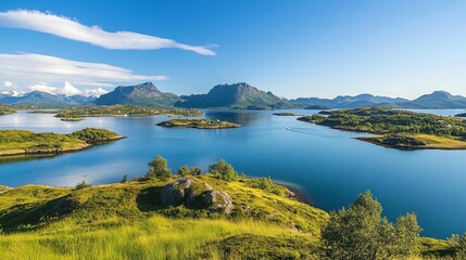 Idyllic coastal landscape with rocky shoreline and clear blue water at matind on and&oslash;ya island, norway, capturing the pristine beauty of norwegian wilderness under a serene sky