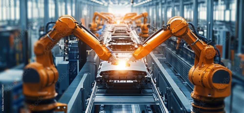 Poster Two orange robotic arms working on a car assembly line, the robot arm on the right is in focus.