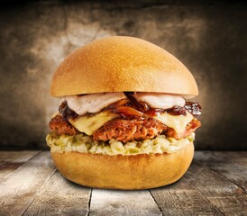 Hamburger and cheeseburger wooden and fire background.