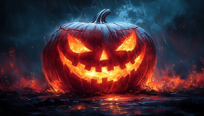 Naklejka premium carved pumpkin with fiery face