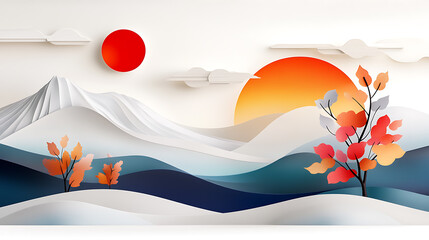 Fototapeta premium A paper cut-out landscape featuring a snowy mountain range, two trees with colorful leaves, a bright red sun in the sky, and a yellow, orange, and red sunset. This abstract minimalist design is perfec