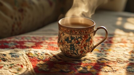 A steaming cup of coffee on a patterned rug with sunlight streaming through the window.