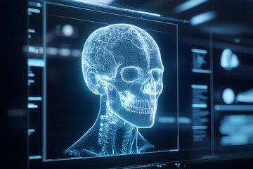 Futuristic Holographic Medical Skull Scan Display and Iconography