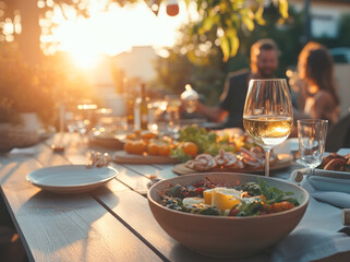 Elegant outdoor dining at sunset with wine and fresh gourmet dishes on rustic table
