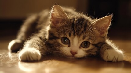  A tight shot of a feline on the floor, paws outstretched, gaze fixed and eyes wide open