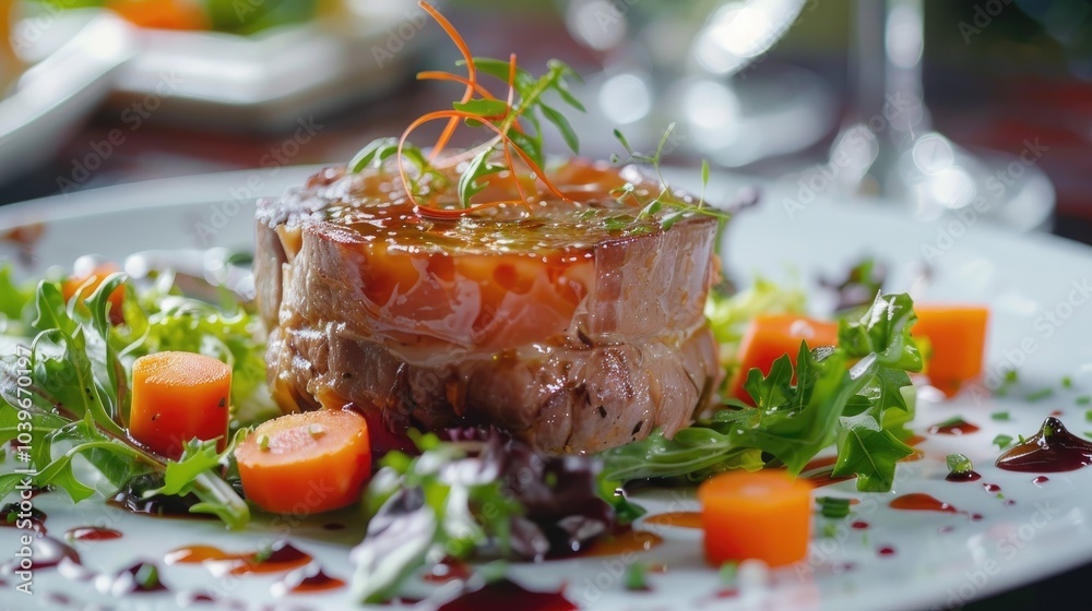 Poster jellied pork and beef with carrots served with vegetables salad on a plate