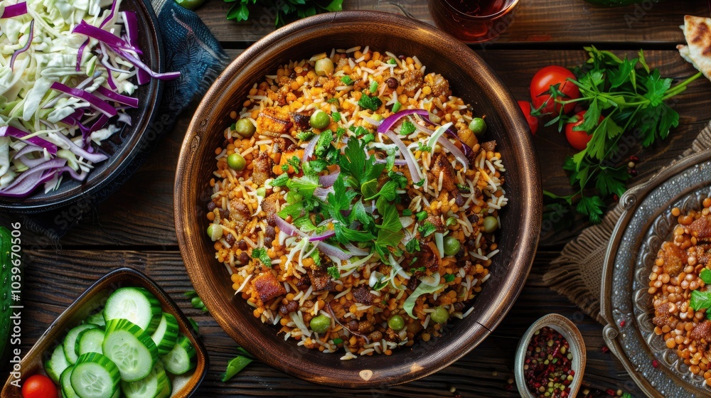 Poster traditional middle eastern dish mujadara of lentils rice and fried onions with a salad of cabbage an