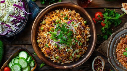 Traditional Middle Eastern dish Mujadara of lentils rice and fried onions with a salad of cabbage and cucumbers on wooden table top view selective focus