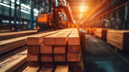 Neatly stacked pine wood planks in an organized factory storage area, with modern machinery in the background, highlighting efficient timber production.