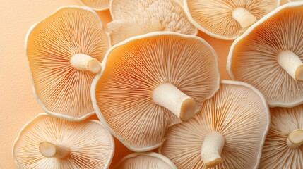 Overhead close-up of straw mushroom on a soft pastel background, precise texture and natural patterns, isolated for advertising use, organic produce
