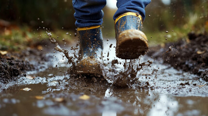 childs rubber boots jumping in muddy puddle, close-up
