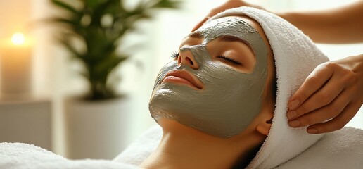 Woman receiving a facial treatment with a mud mask at a spa.