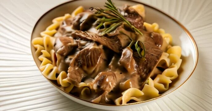 close up bowl of beef stroganoff served over pasta with herbs and sauce
