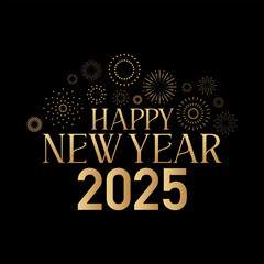 New year 2025, 2025 New Year Abstract golden fireworks and golden gradient numbers on dark black background