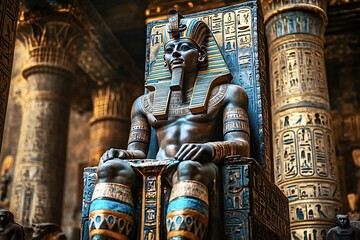 Majestic statue of an egyptian pharaoh is sitting on a throne inside a temple, surrounded by hieroglyphics and ancient architecture. The statue is depicted in a powerful and regal pose