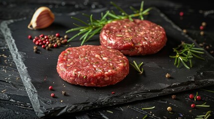 Raw beef hamburger patties with herbs and spices on dark slate plate