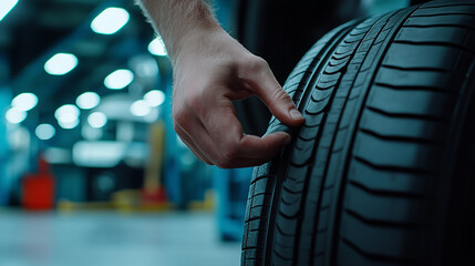 Auto mechanic's hand pressing down on a brand new tire, with the car lift and garage tools in the blurred background, emphasizing focus and precision during a tire change.