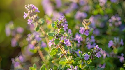 Fototapeta premium Blossoming fragrant Thymus serpyllum Breckland wild thyme creeping thyme or elfin thyme close up macro photo Beautiful food and medicinal plant in the field in the sunny day