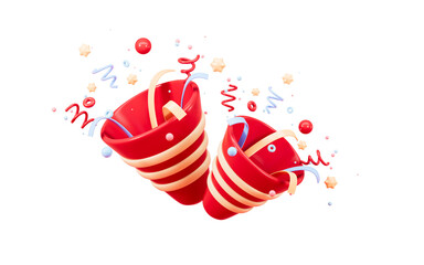 Cartoon firecracker and ribbons with explosion confetti. Birthday surprise, holiday and event celebration, 3d rendering.