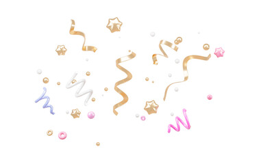 Golden confetti and floating firecracker, gold ribbons and twinkles for congratulation, 3d rendering.