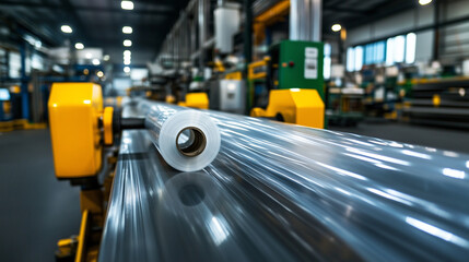 A polyethylene film being stretched over large rotating rollers, with modern factory equipment in the background, highlighting the continuous flow of plastic production.