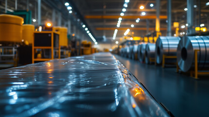 Polyethylene film being produced in a well-organized factory, with large steel drums and conveyor belts in the background, highlighting precision and innovation in plastic manufact