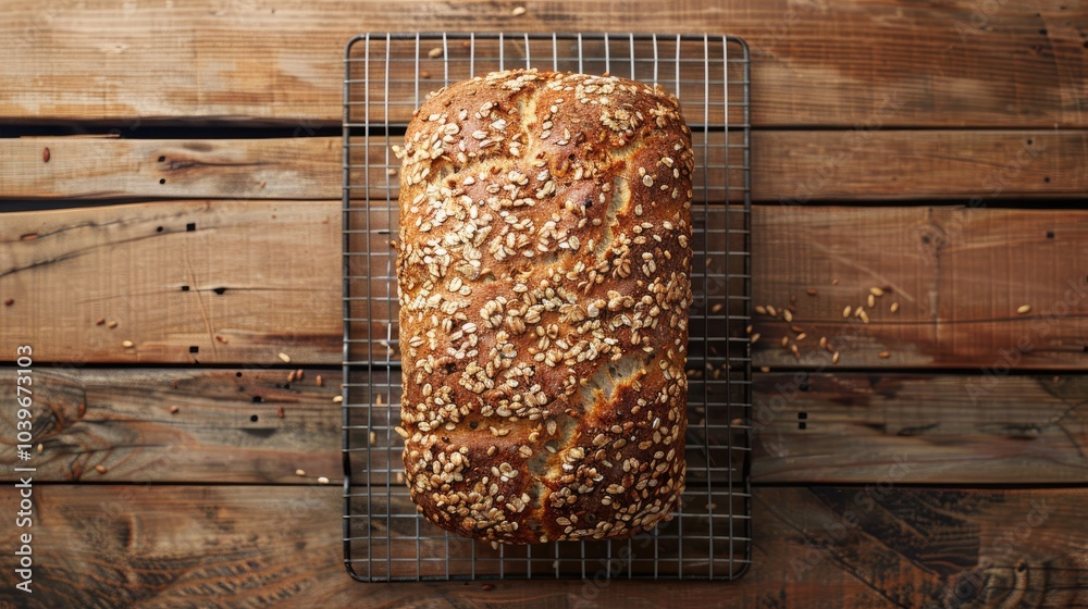 Poster loaf of homemade whole grain bread with seeds cool down on a wire rack on a wooden table top view fl