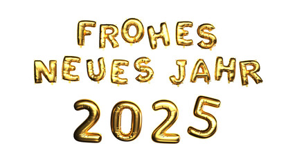 Golden Heliumballons als Text Frohes Neues Jahr 2025, Transparente PNG Datei. 3D illustration.