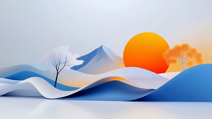 A minimalist paper craft illustration featuring a mountain range, two trees, and a large orange sun. The landscape is a combination of white, blue, and orange.